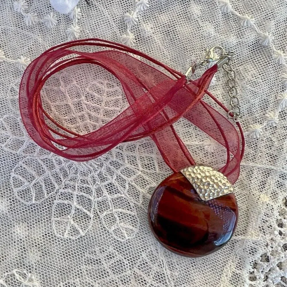 Vintage Whitney Kelly Large Red Tiger Eye & Sterling Pendant Necklace